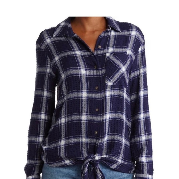 COMO VINTAGE COZY BUTTON DOWN BLUE WHITE PLAID TIE FRONT BLOUSE L - Picture 1 of 2